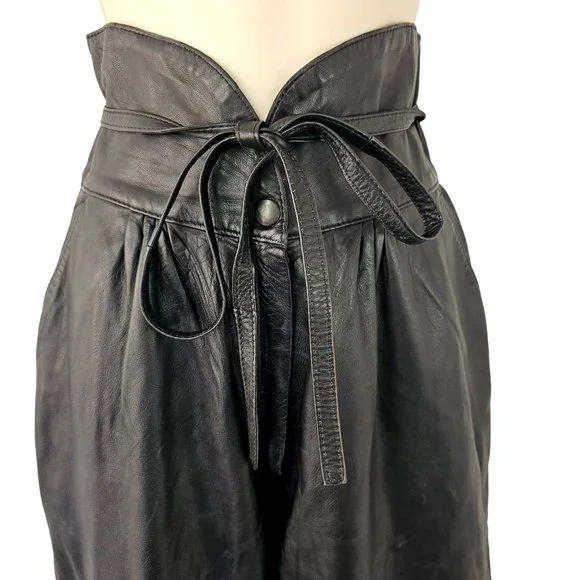 90s High Waist Leather Pants Laced Belt Slash Pockets Curved Hem Womens 26 Black - Picture 1 of 11